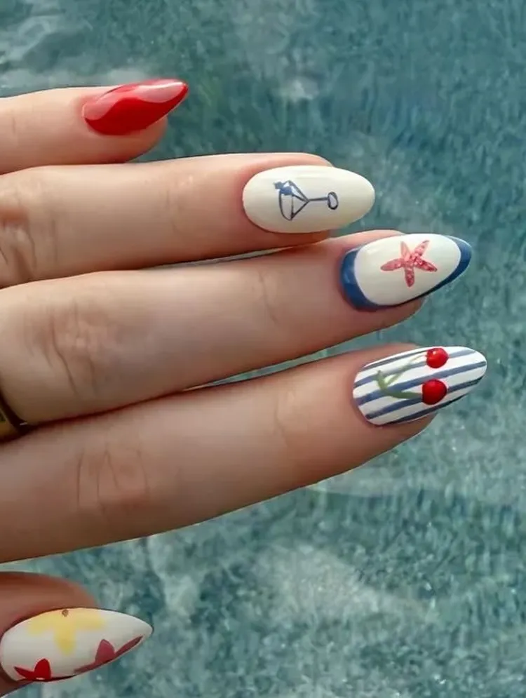 Red accent with graphic icons and striped cherries