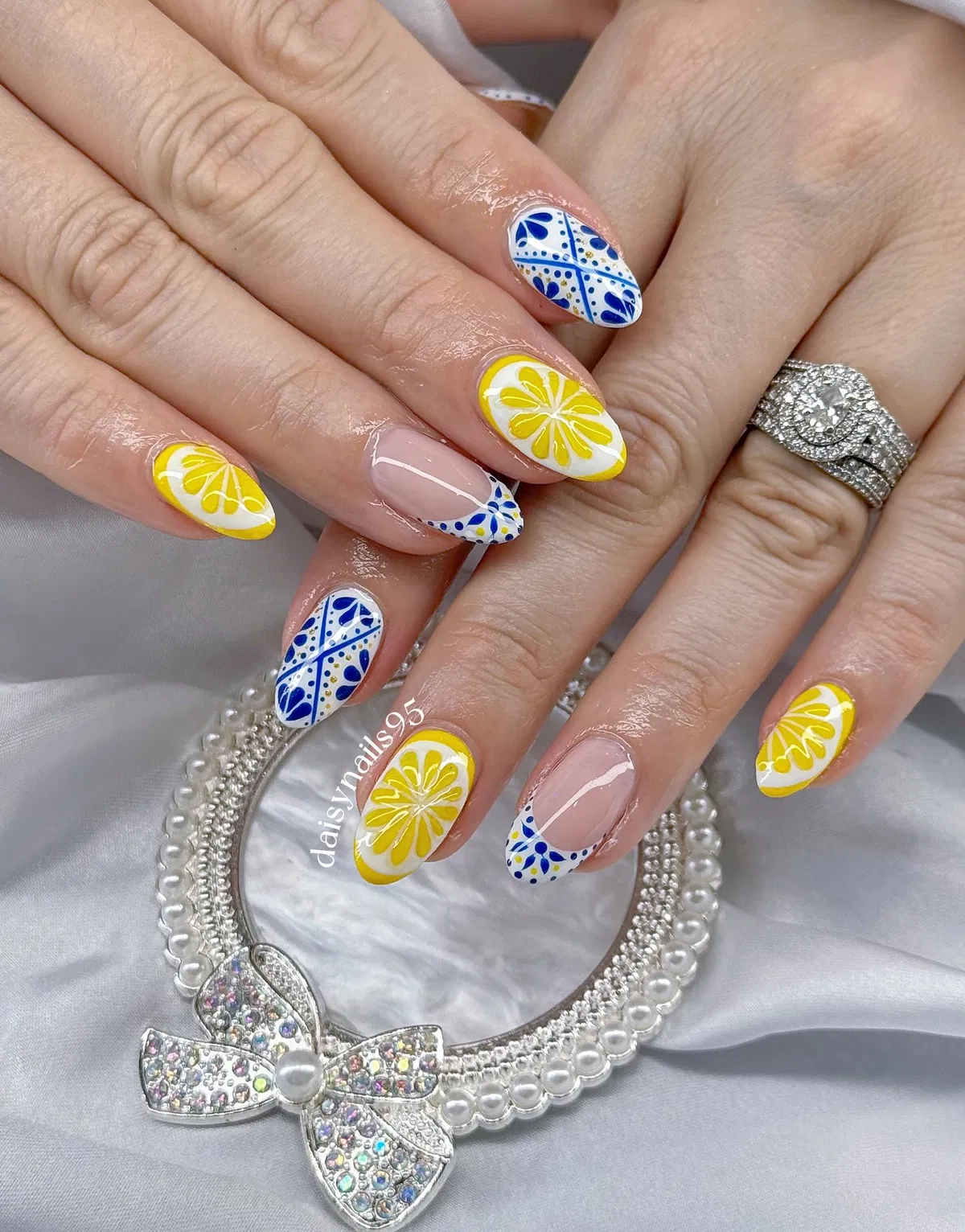 Yellow citrus slices paired with blue patterned accents