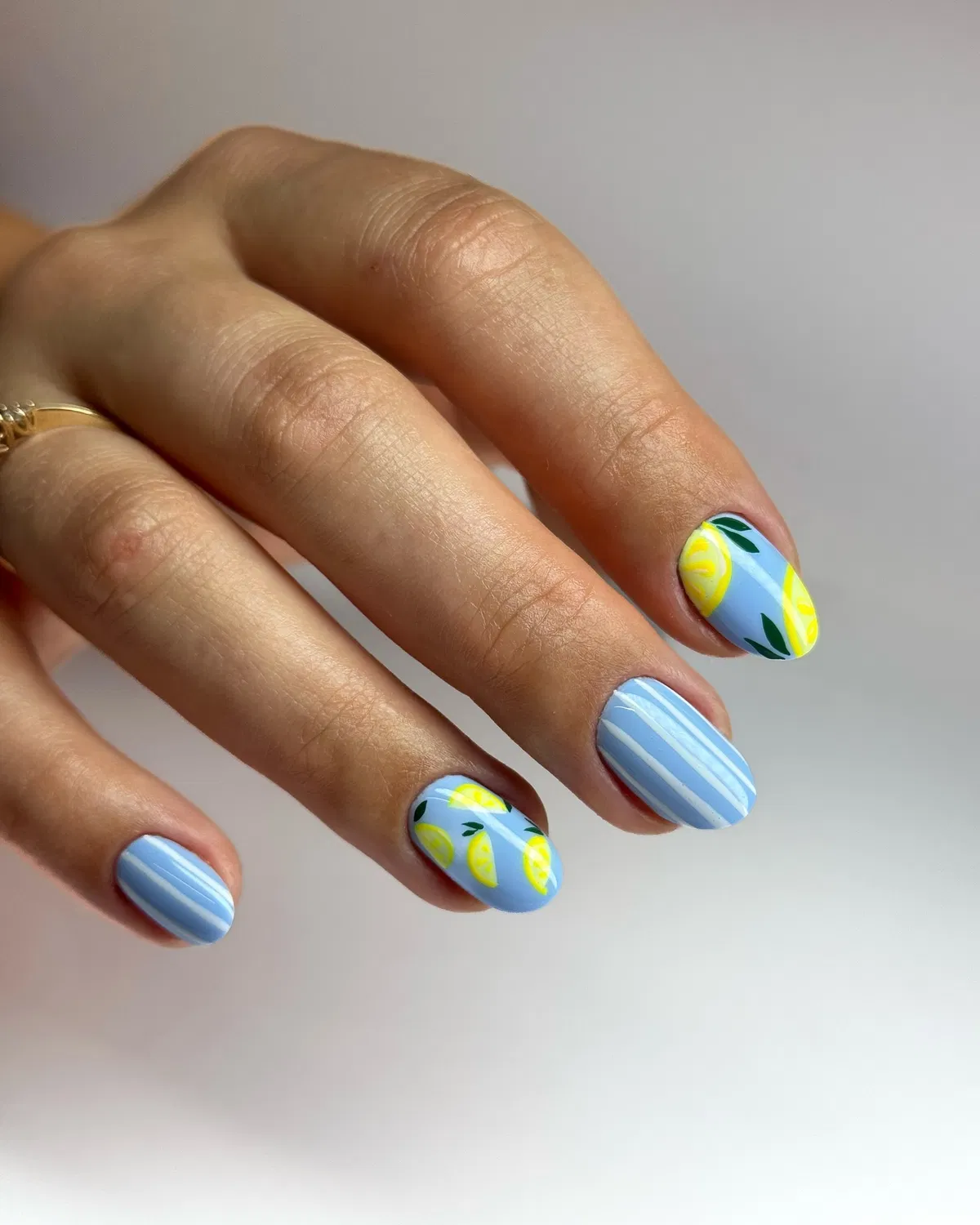 Light blue stripes with citrus slices and green leaves