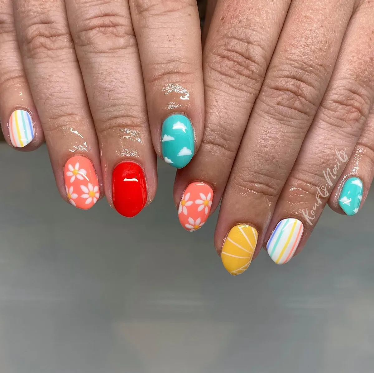 Mix-and-match brights: daisies, clouds, and pastel stripes