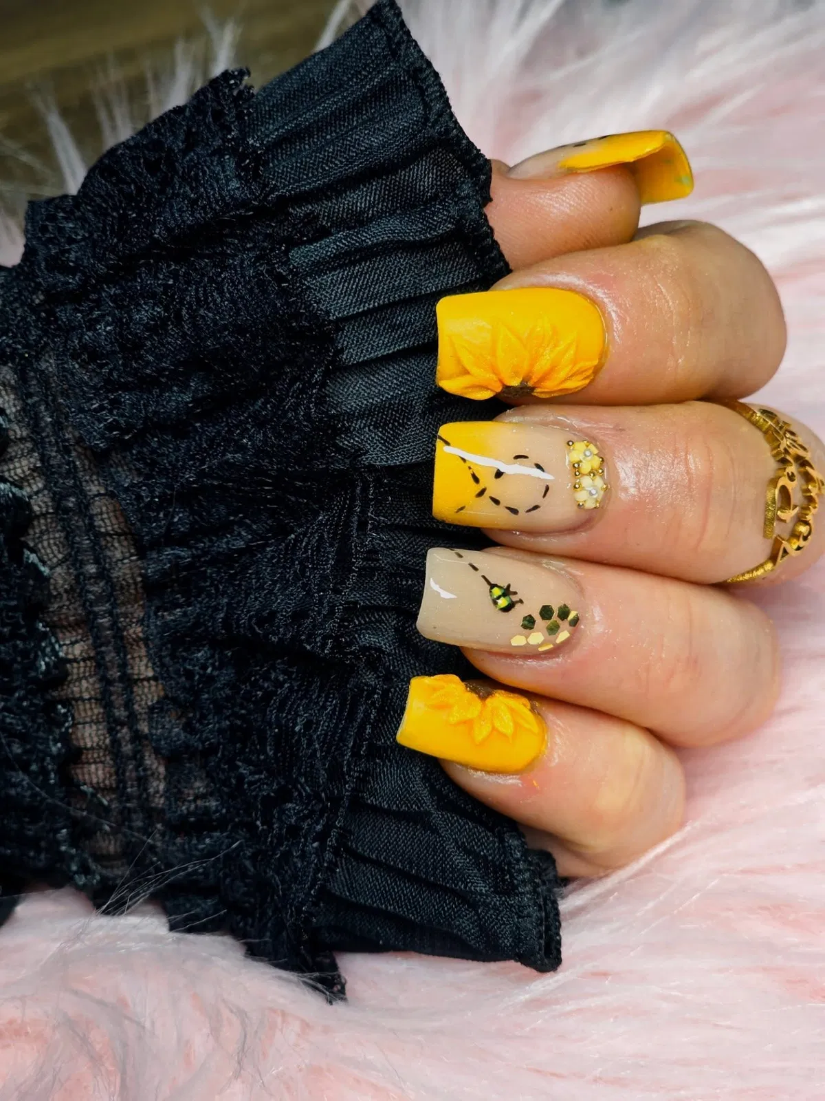 3D yellow florals with nude graphic accents and rhinestones