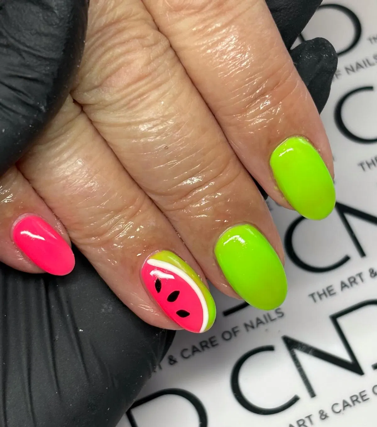 Neon green with hot pink semicircle seed accent