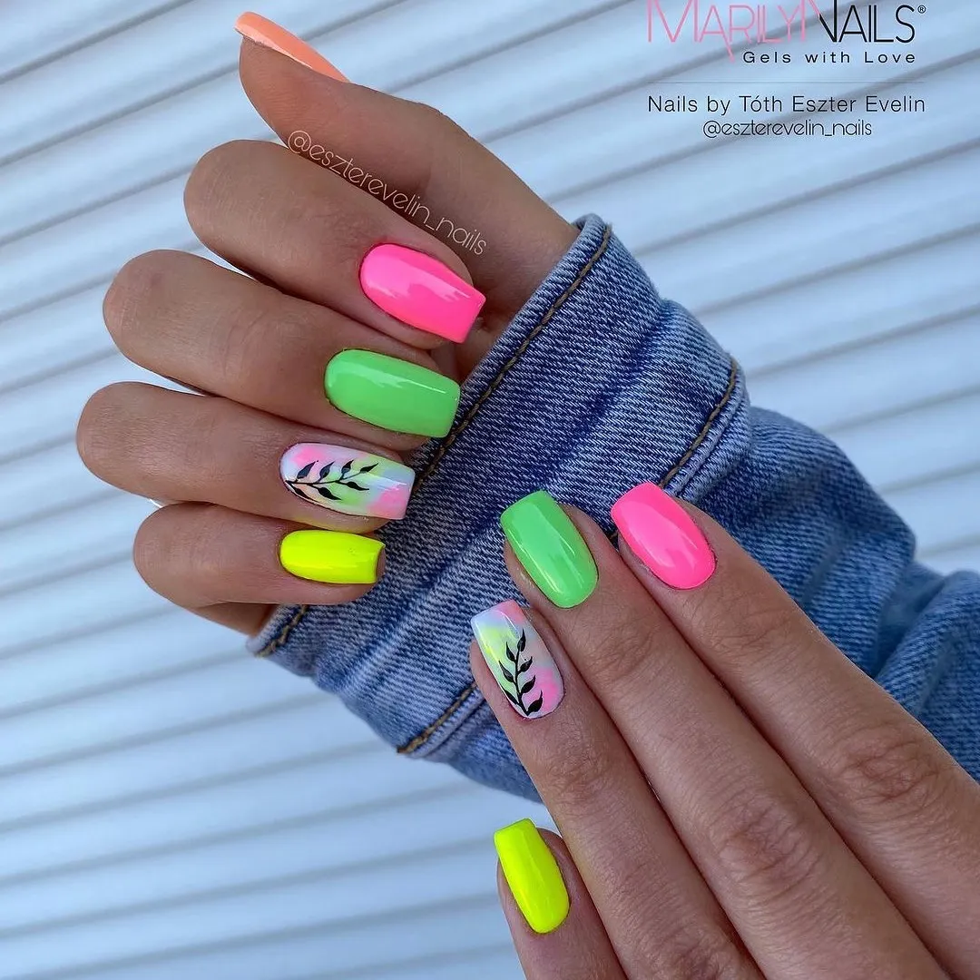 Neon solids with pastel-gradient leaf silhouette accents