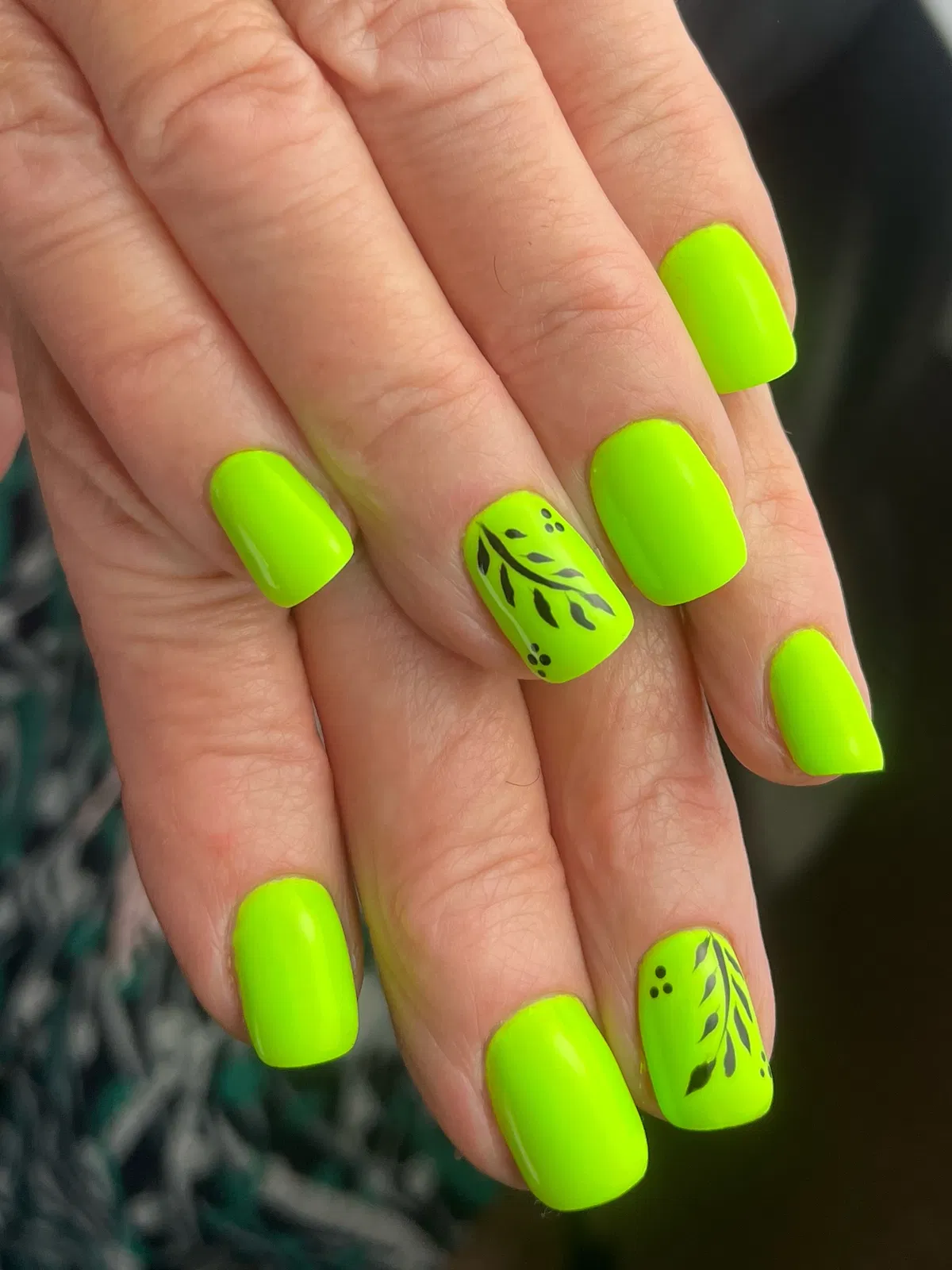 Neon yellow-green with black leaf branch accents