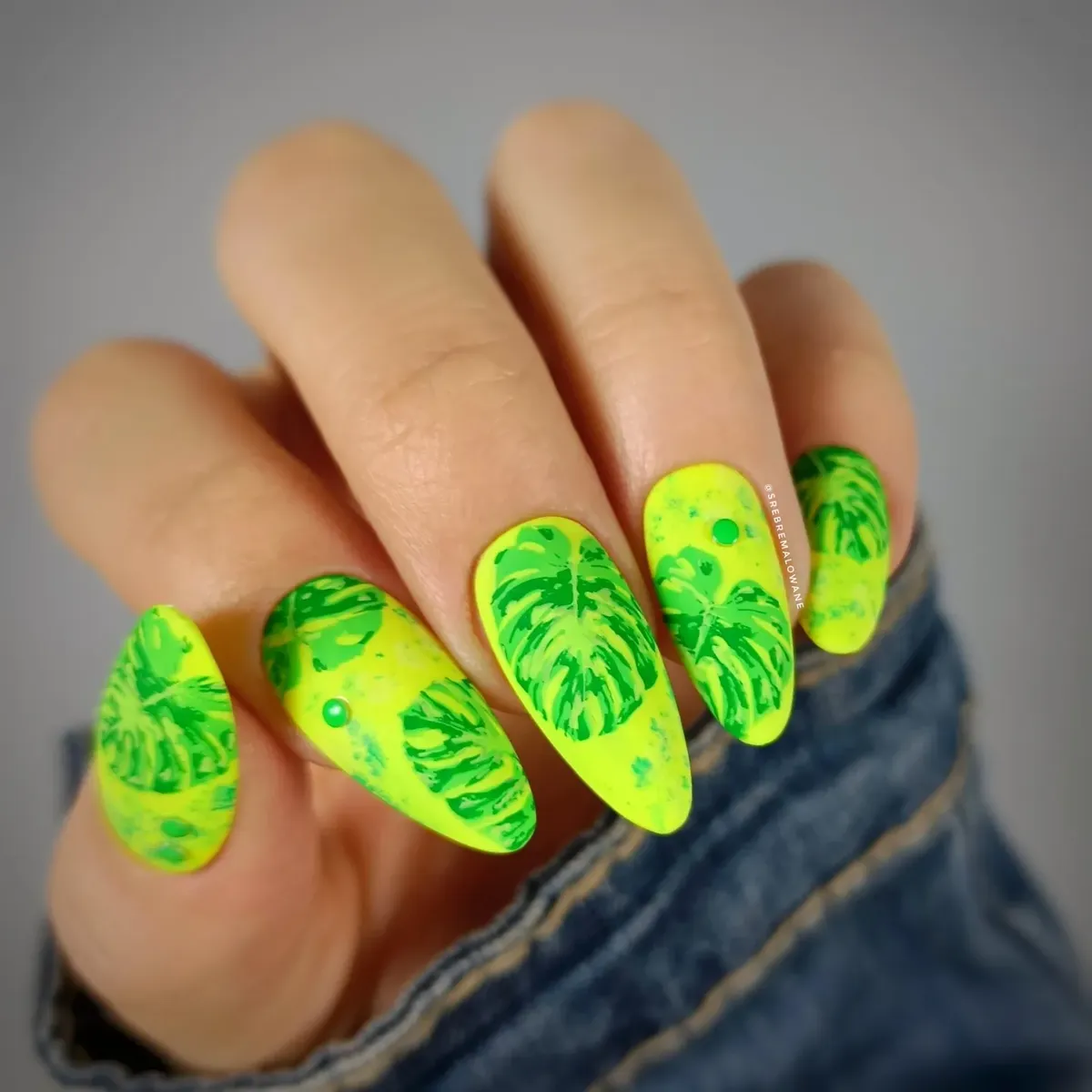 Neon yellow-green base with layered green leaf prints