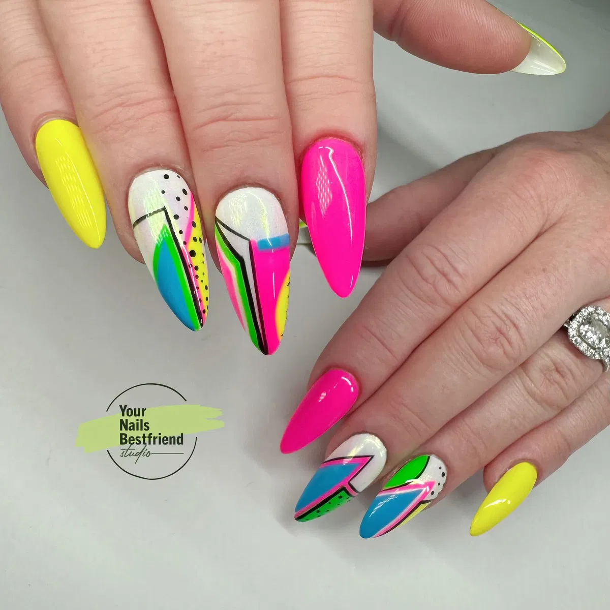 Geometric neon blocks with black line accents