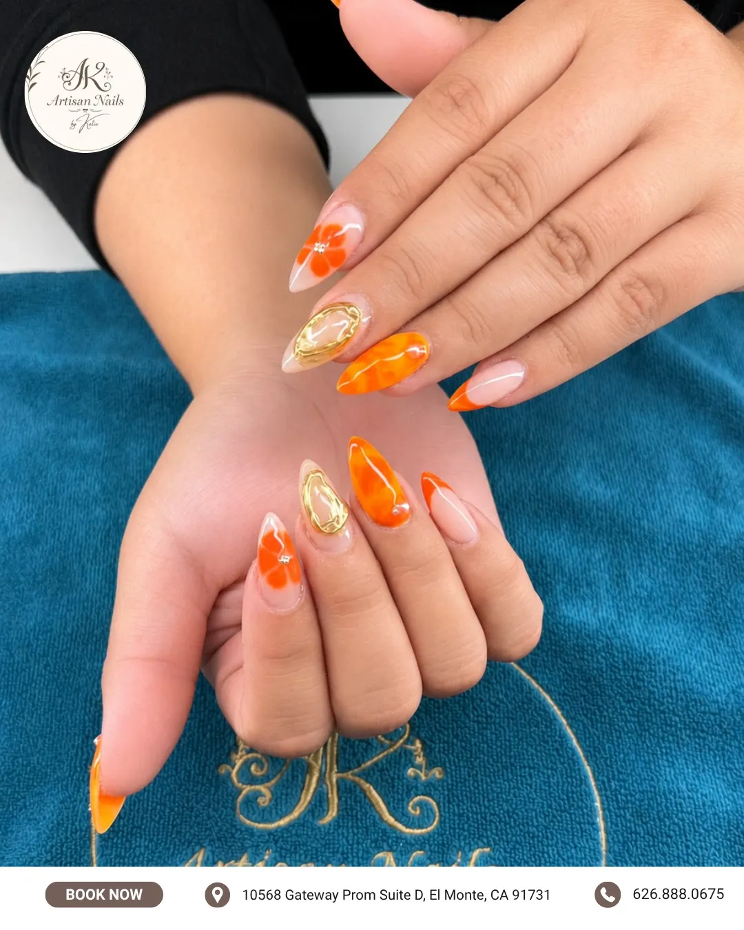 Orange Florals with Gold Oval Accent