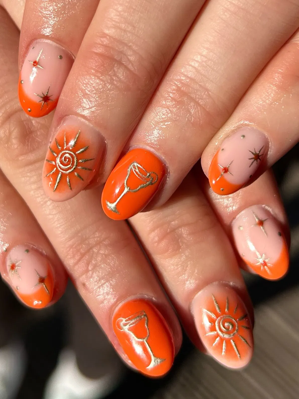 Orange Tips with Gold Sun & Cocktail Glass Details
