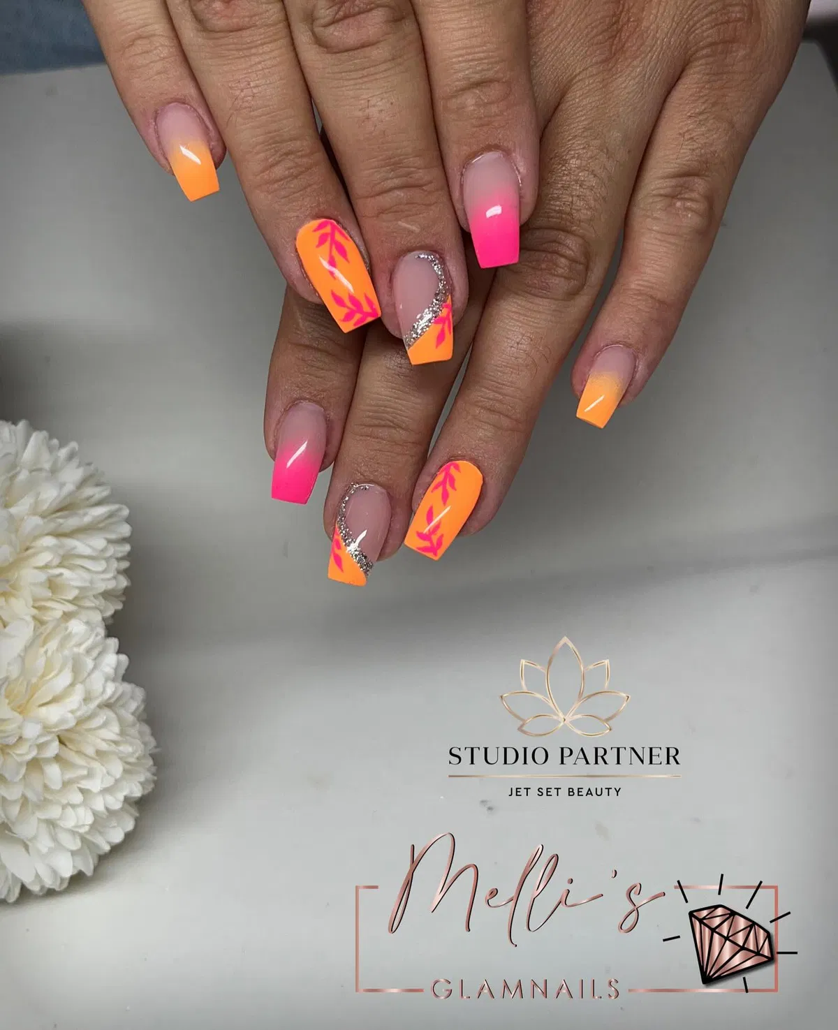 Neon Gradient with Hot-Pink Leaves & Silver Glitter Curve