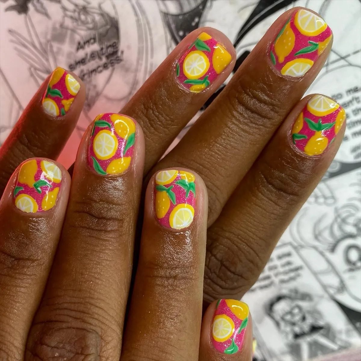All-over lemon pattern on hot pink base