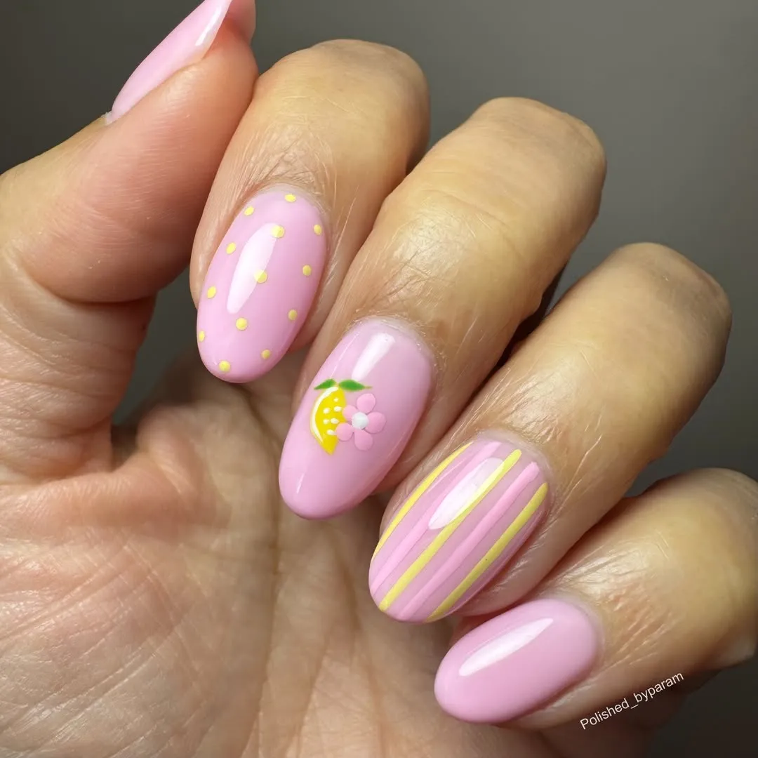 Light Pink Base with Yellow Dots, Pastel Stripes, and a Tiny Lemon Charm