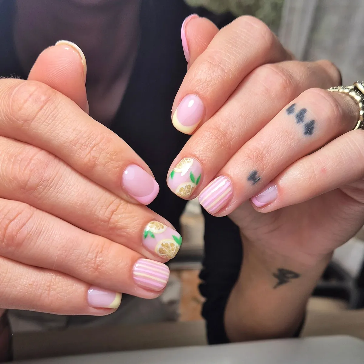 Soft pink set with pastel stripes and lemon slice accents