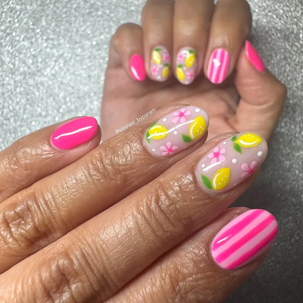 Bright pink with lemon-and-flower accents