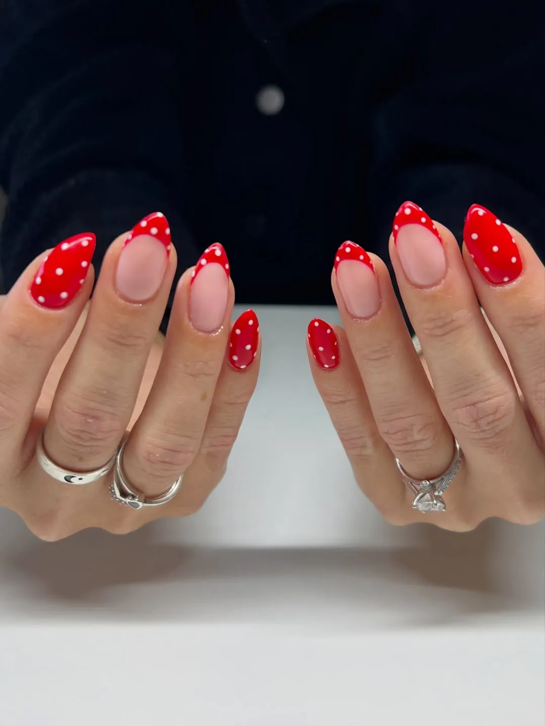 Red French tips with white polka dots