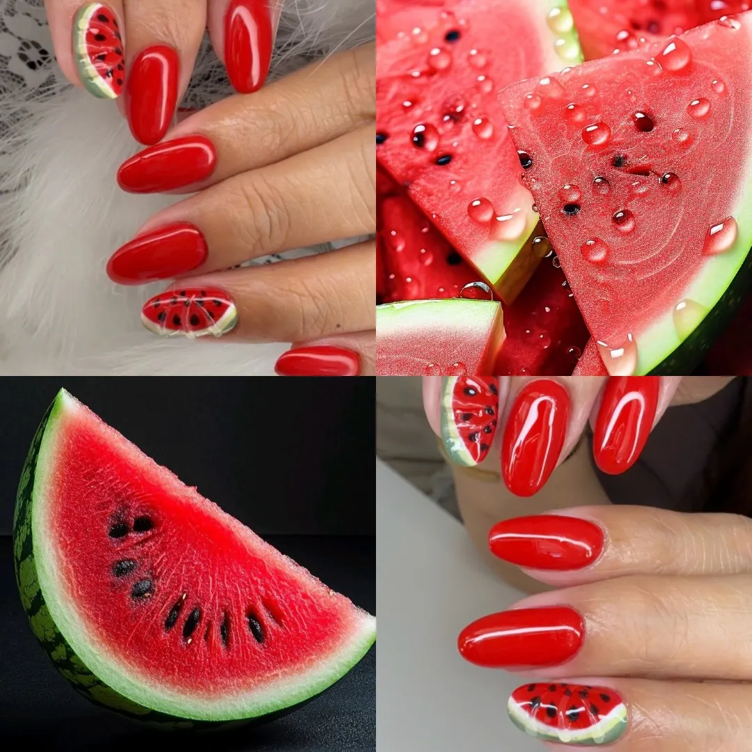Glossy red with watermelon slice accents (collage)