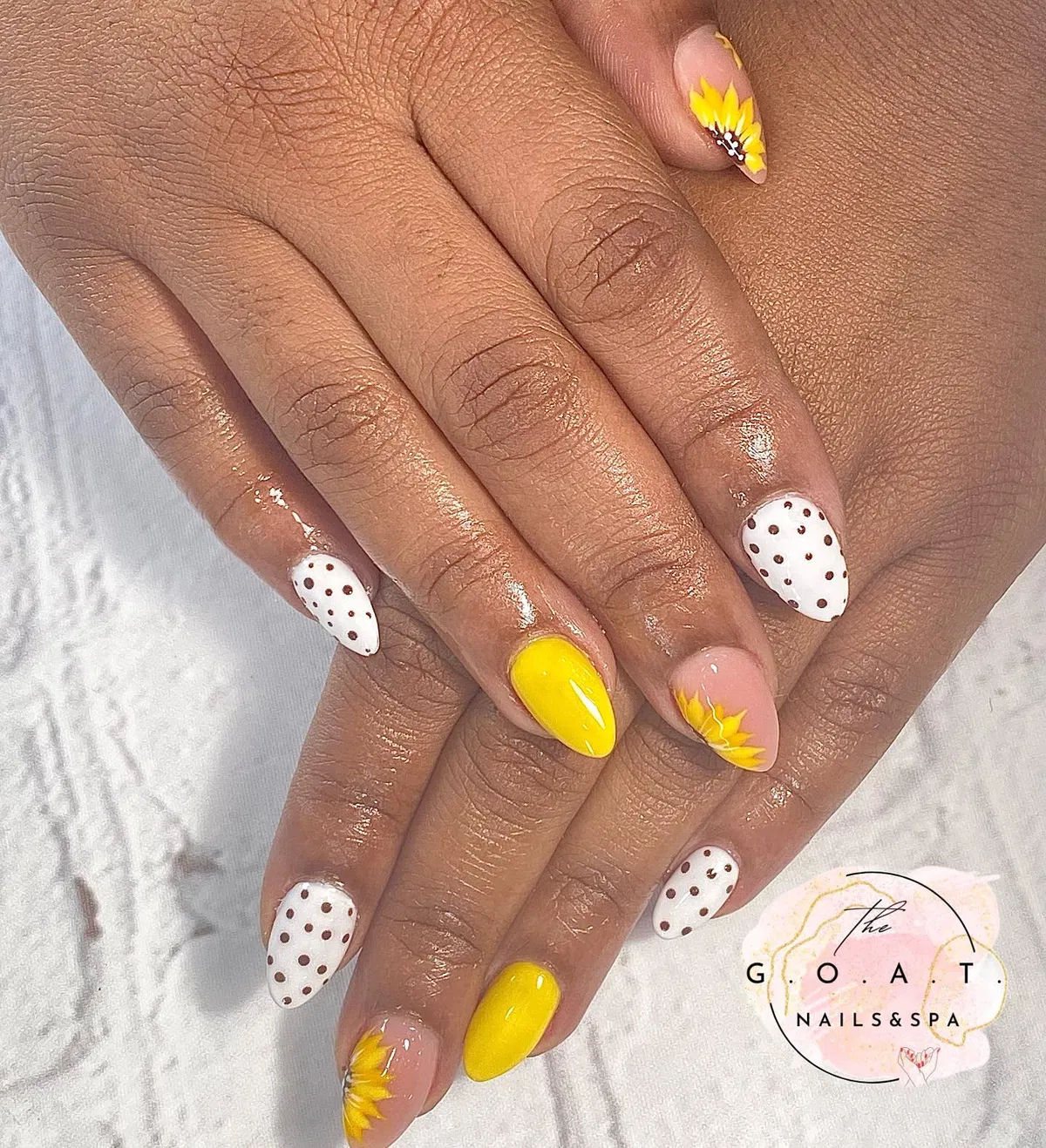Yellow solids with polka dots and sunflower tips