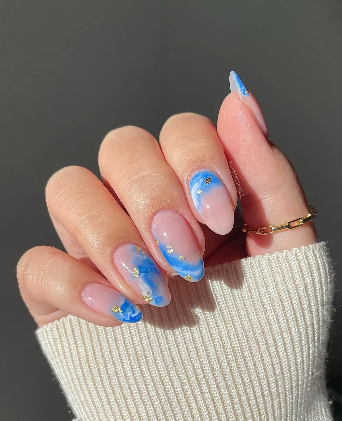 Blue marble tips with gold flecks