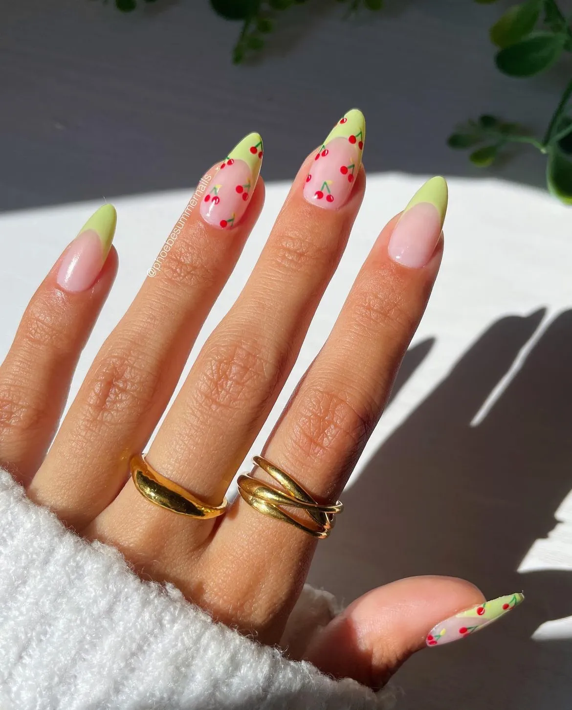 Lime green tips with cherry print