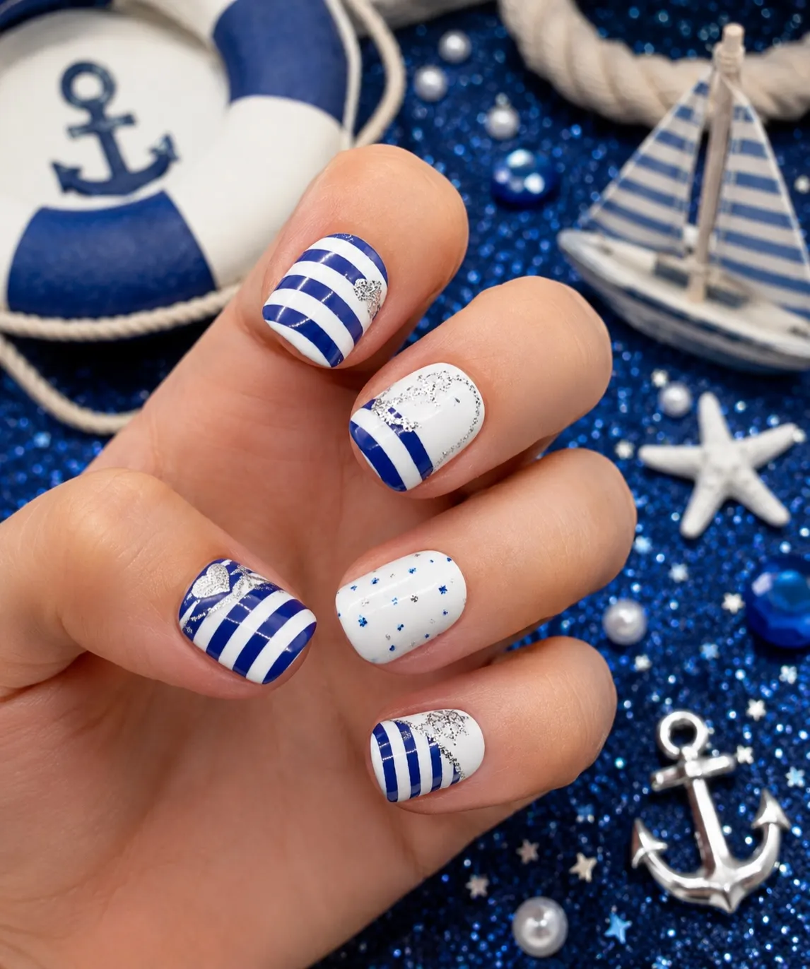 Blue-and-white stripes with glitter accents