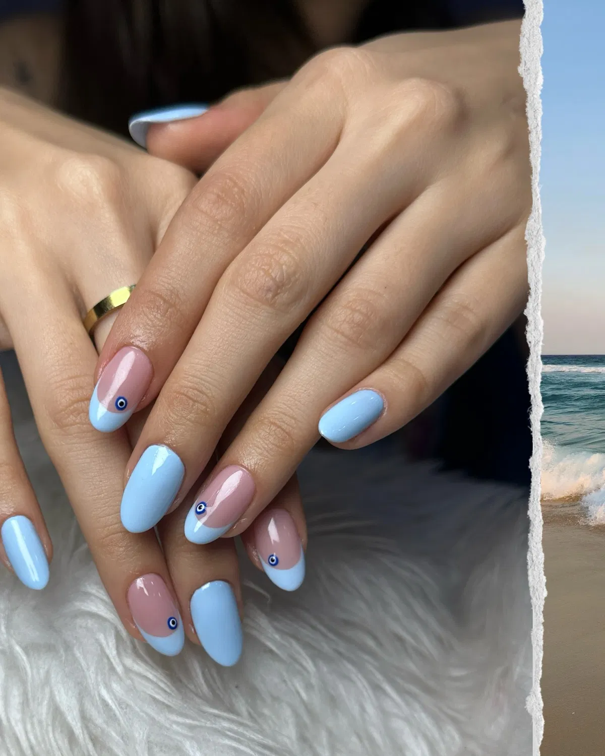 Light Blue Solids with Blue-Tipped Pink Nails and Eye Motif