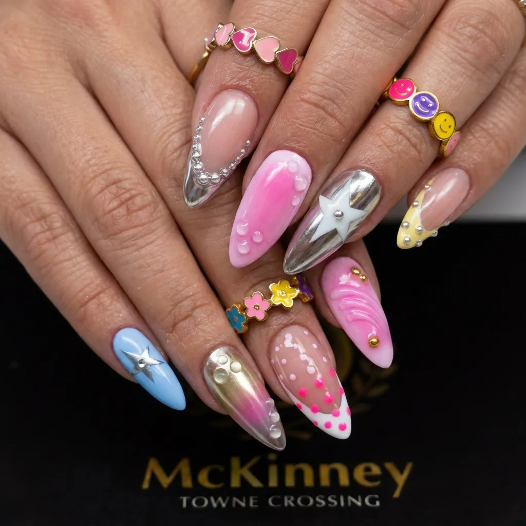Blue gradient chrome with gold sea-themed charms and pearl beads