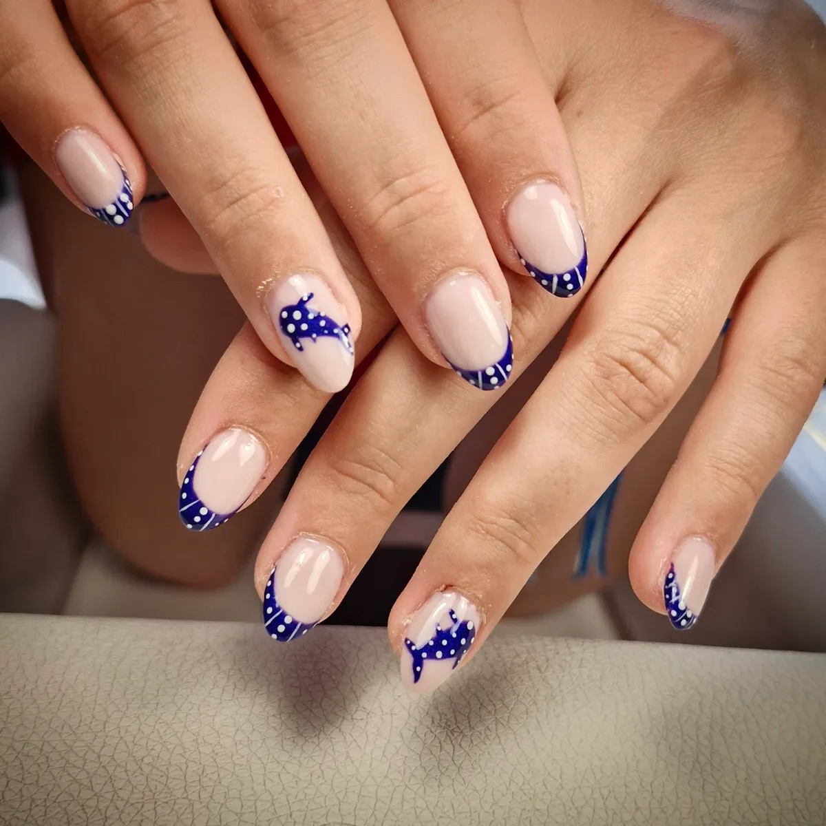 Navy polka-dot French tips