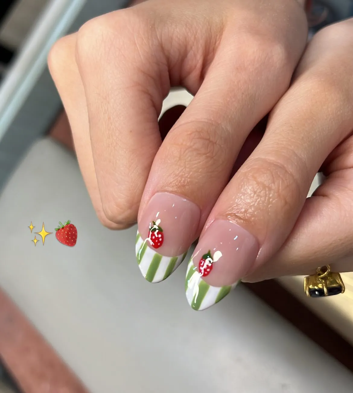 Green-and-white striped French with strawberry motif