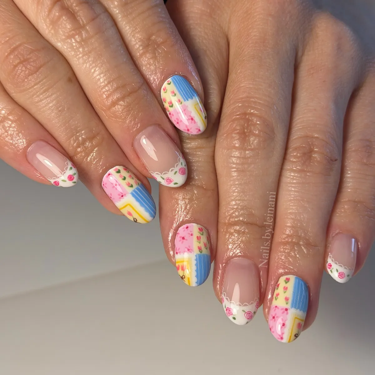 Nude French Tips with Tiny Roses and Patchwork Accents