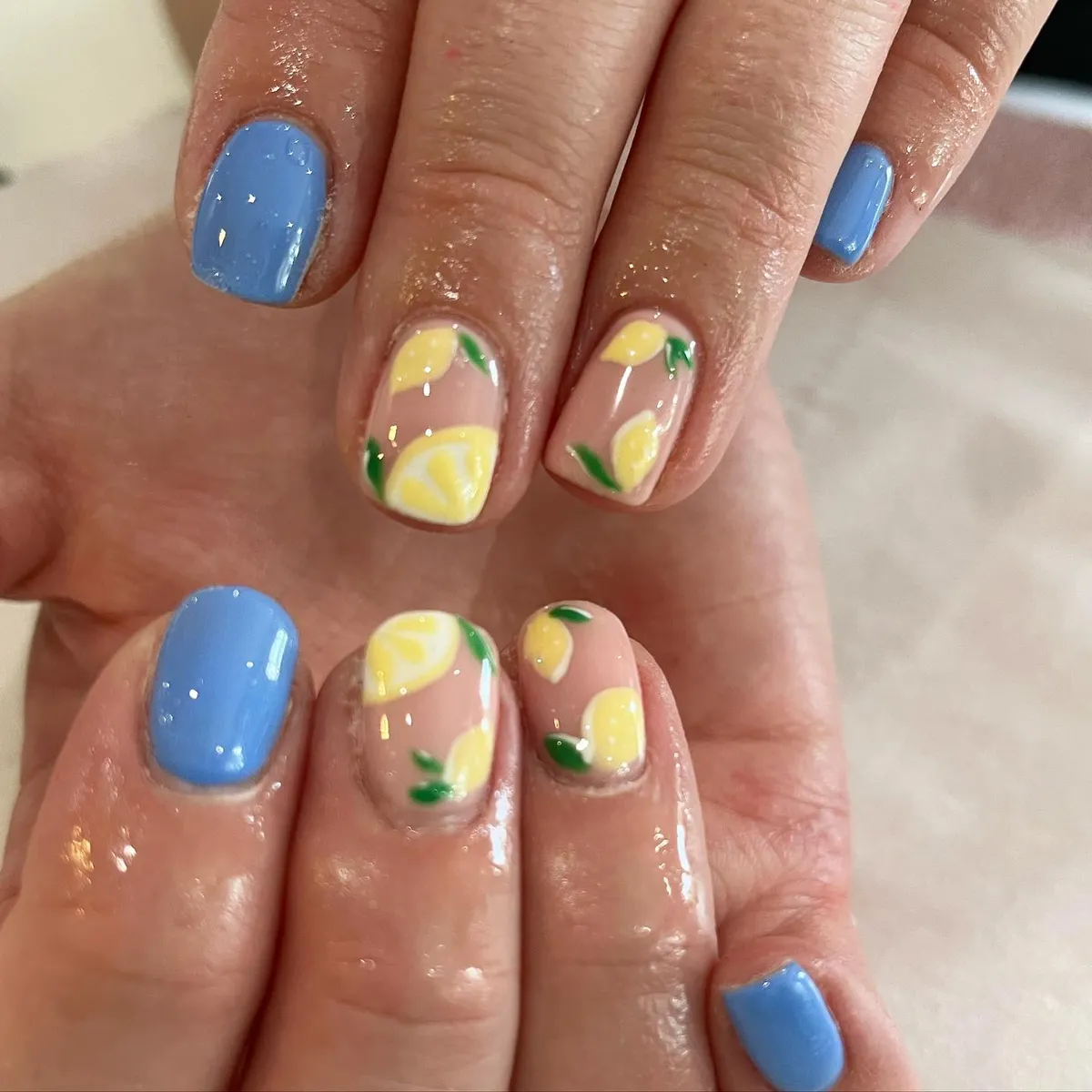 Blue solids with nude lemon-and-leaf accents