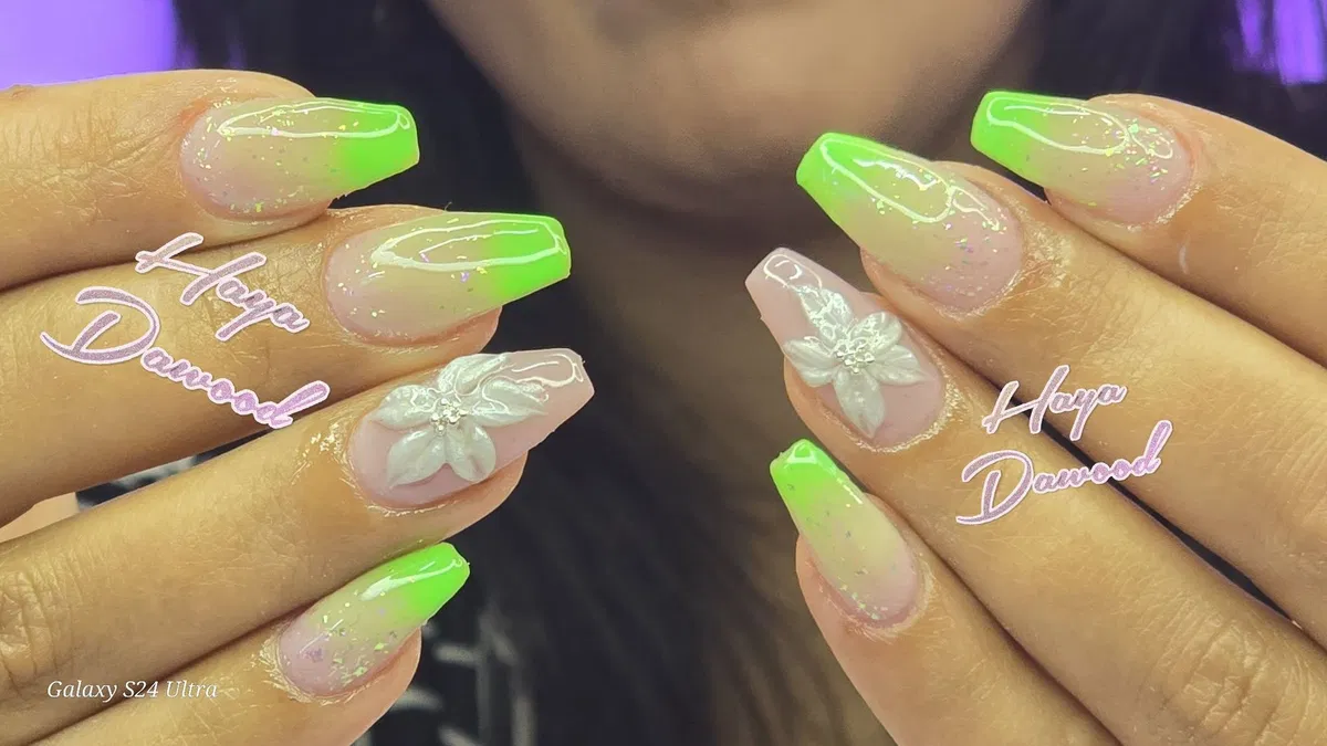 Neon green tips with glitter and white flowers