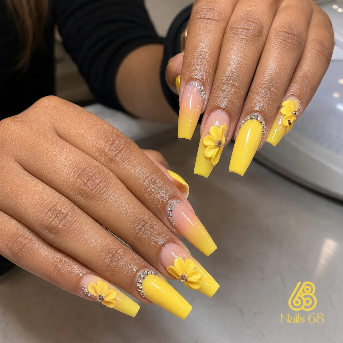 Yellow ombre with rhinestones and raised flowers