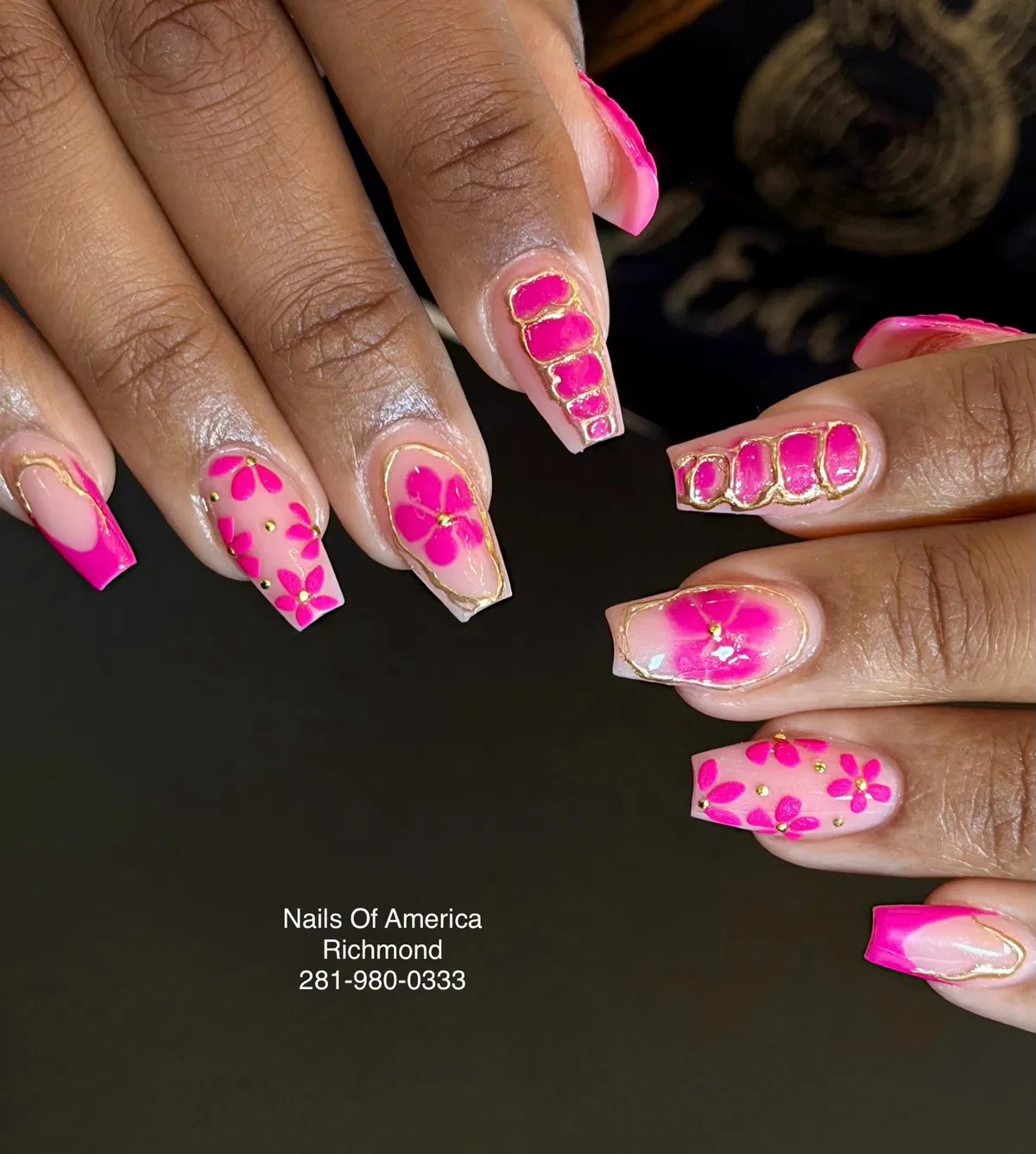 Hot pink florals with gold outlines