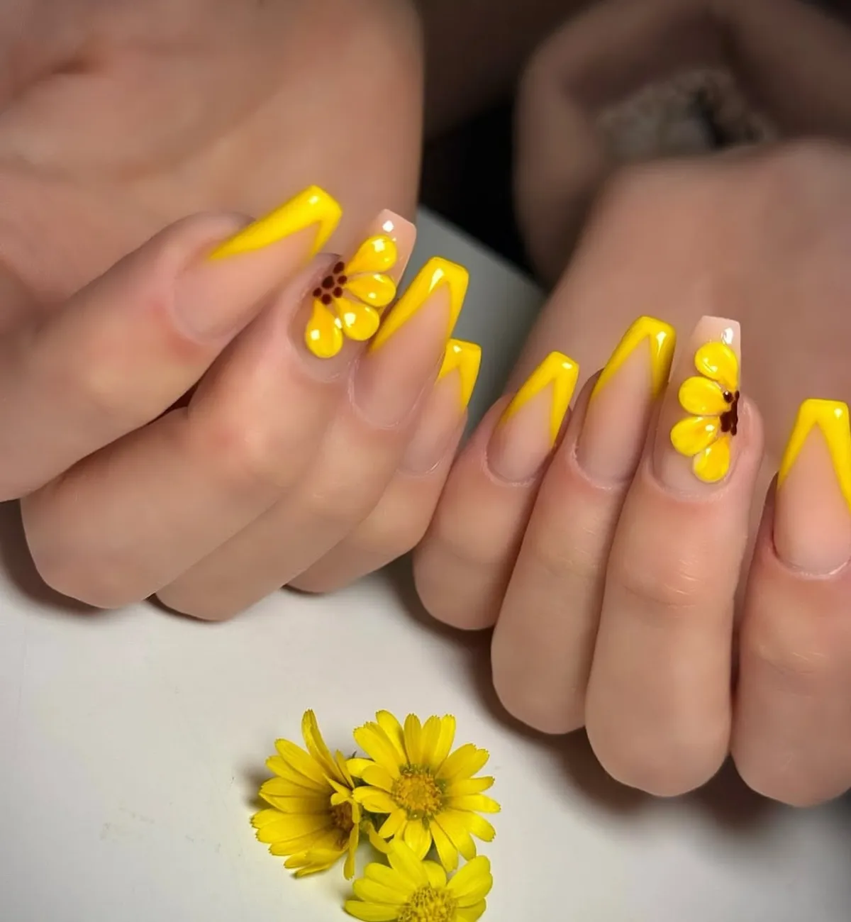 Yellow V-French with Raised Flower Accents