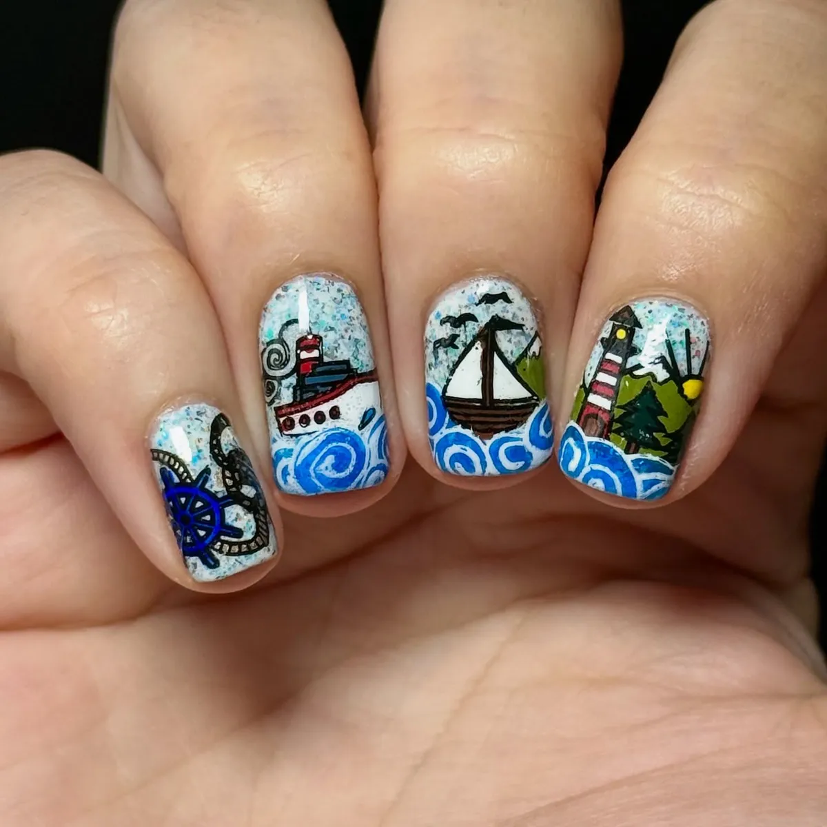 Mini nautical scenes with blue swirl waves