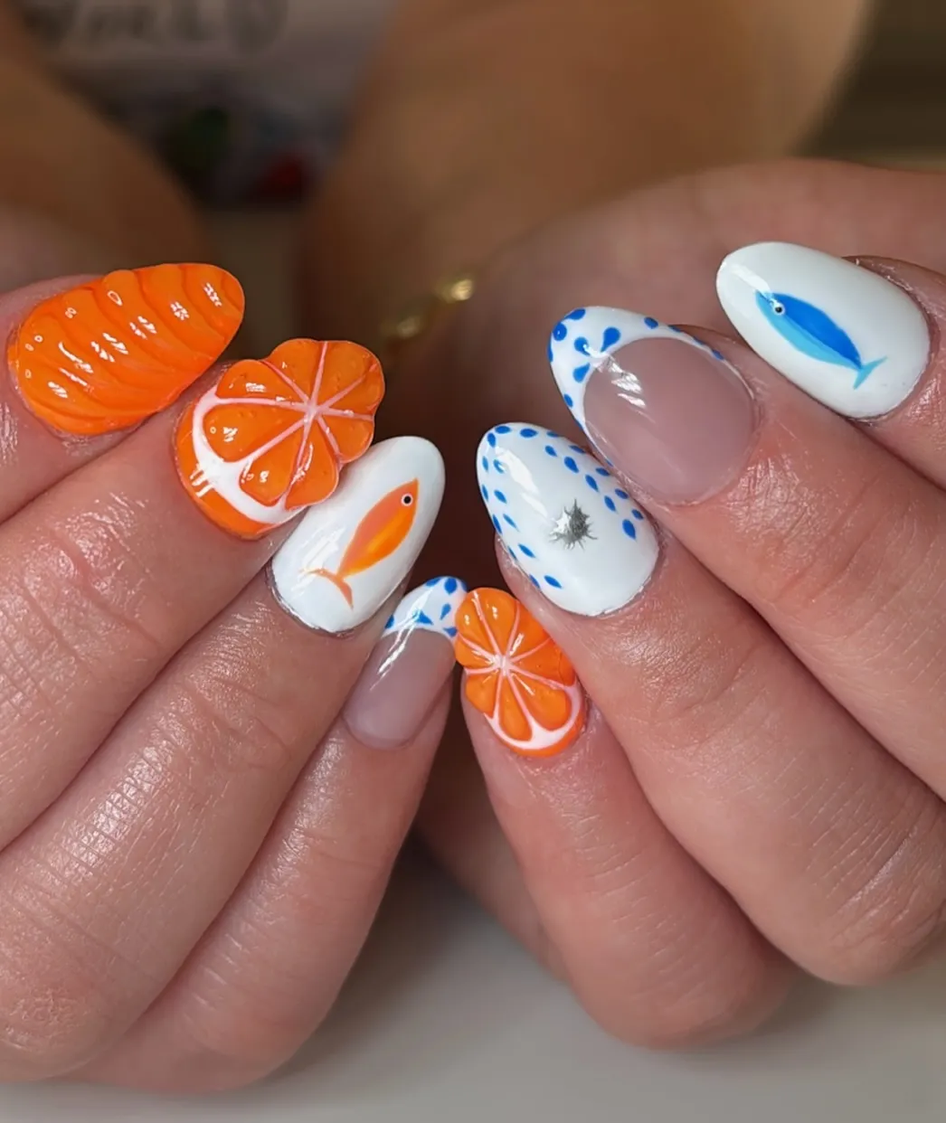 3D orange slices with fish and dotted French tips