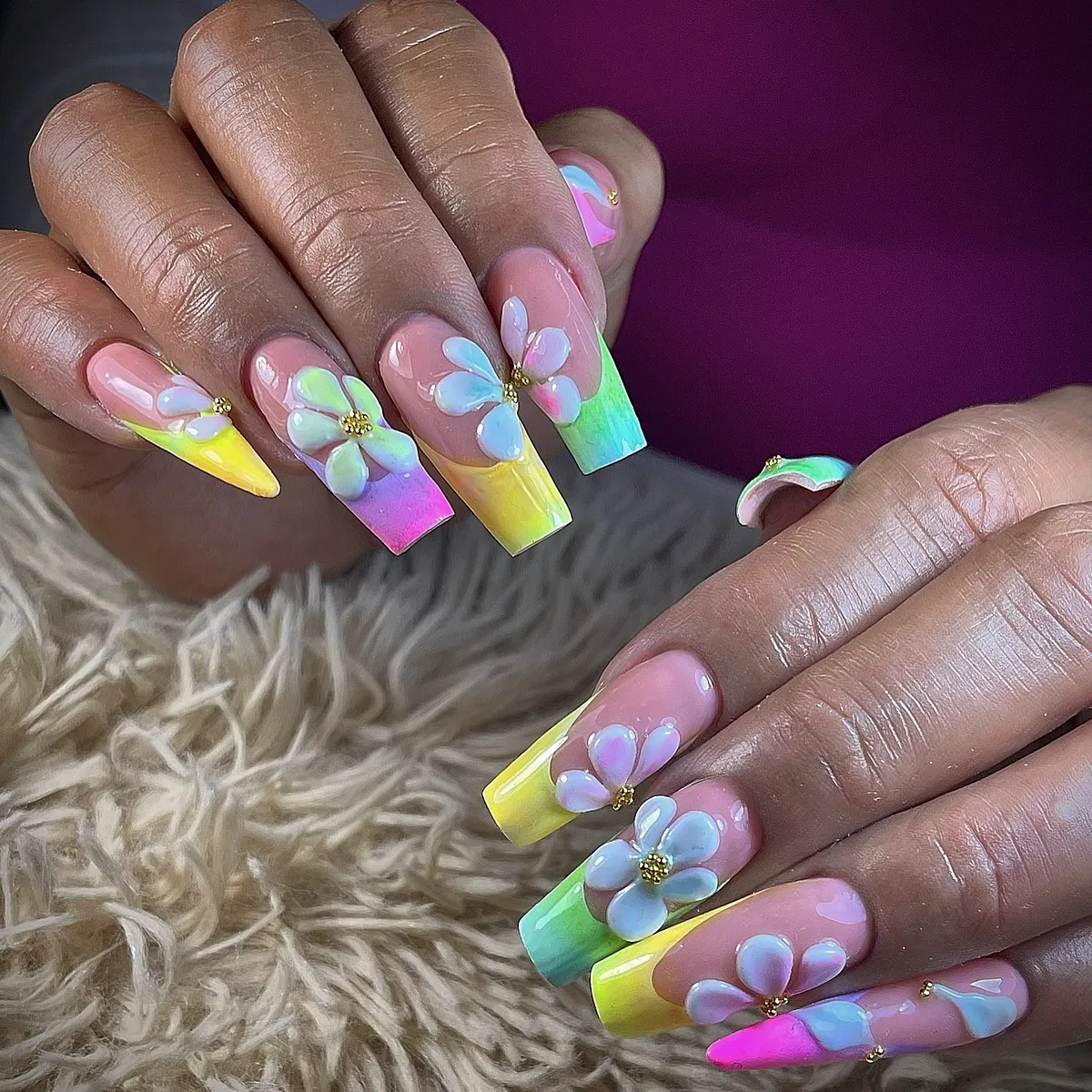 Rainbow gradient tips with 3D white flowers
