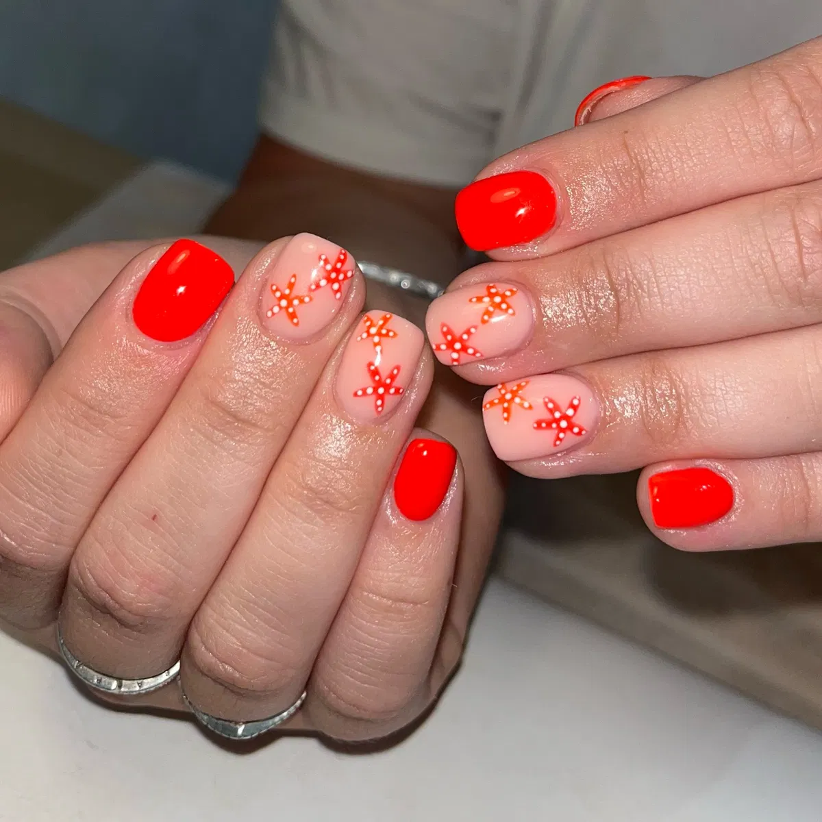 Bright red with dotted starfish accents