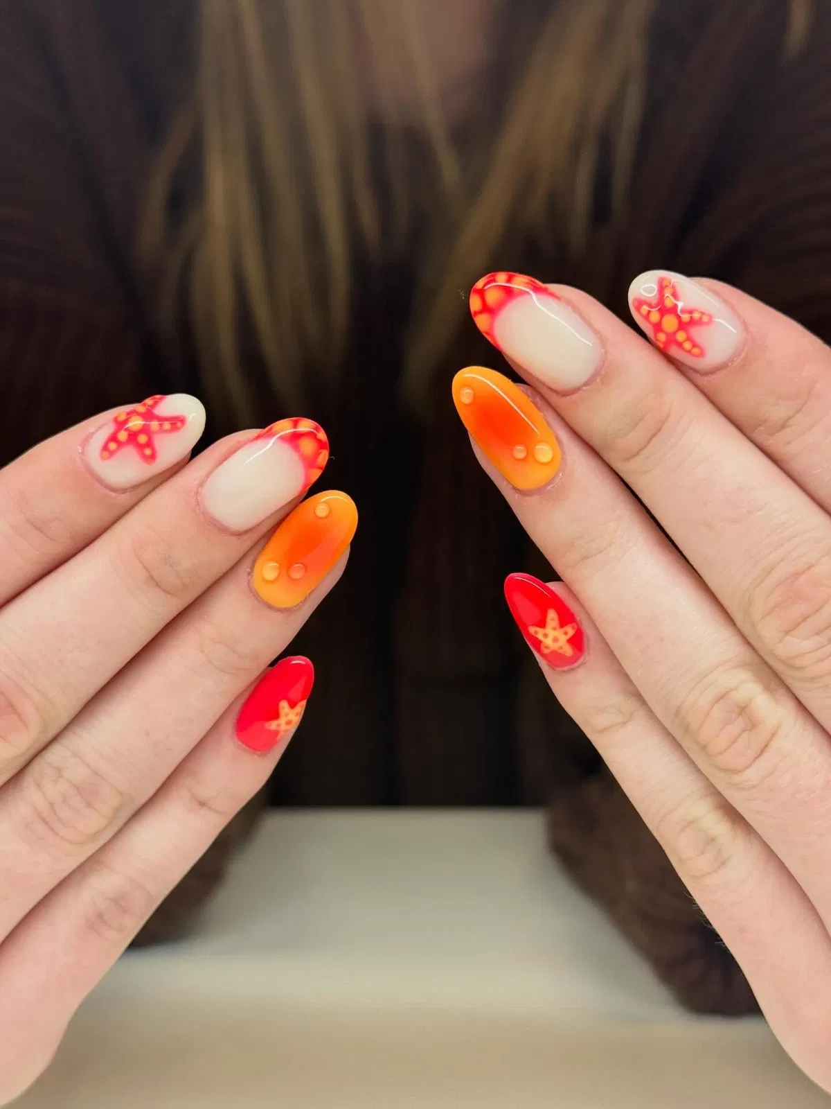 Orange and Red Mix with Starfish Accents and Raised Droplets