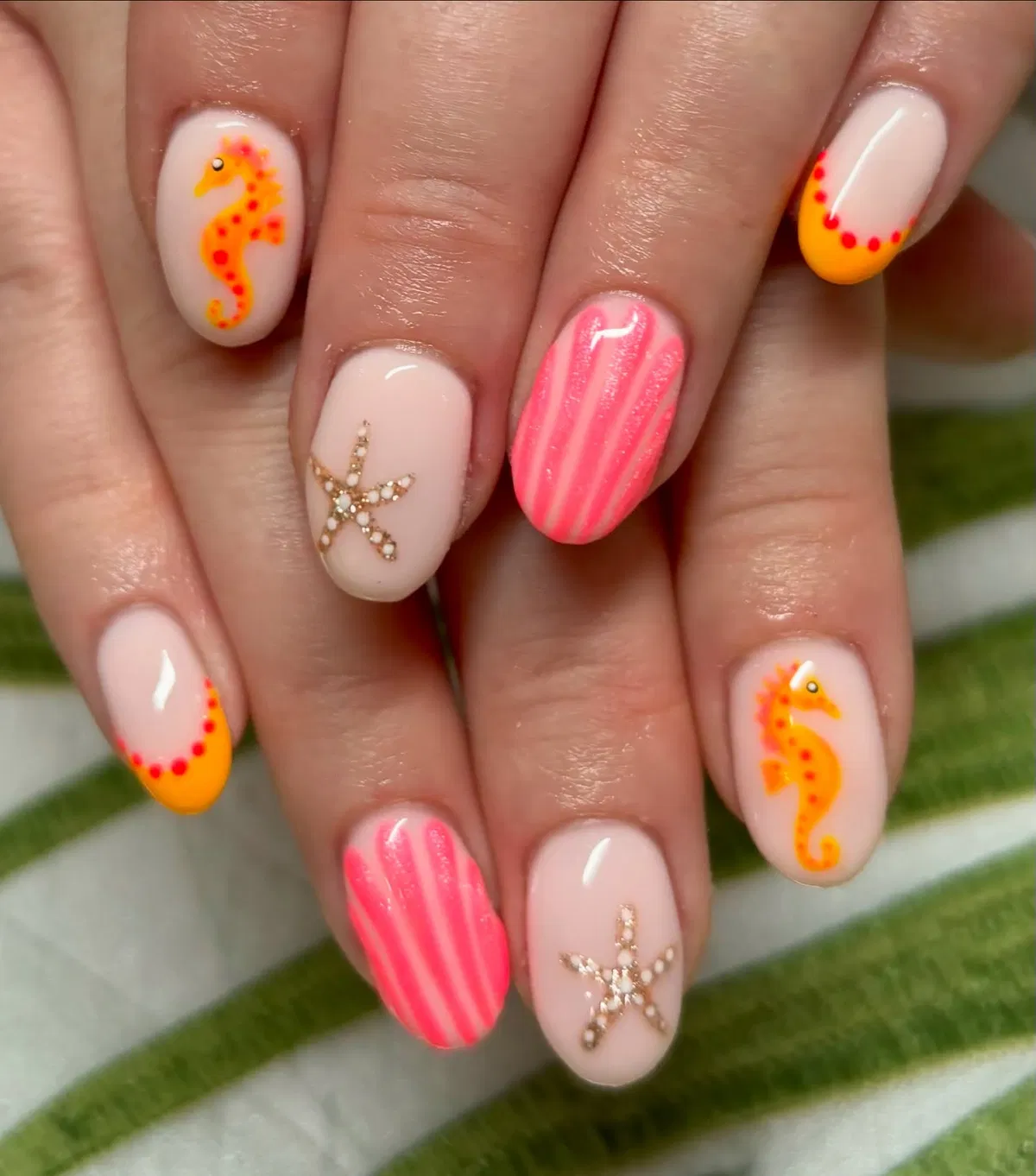 Seahorses, dotted French tips, and beaded starfish