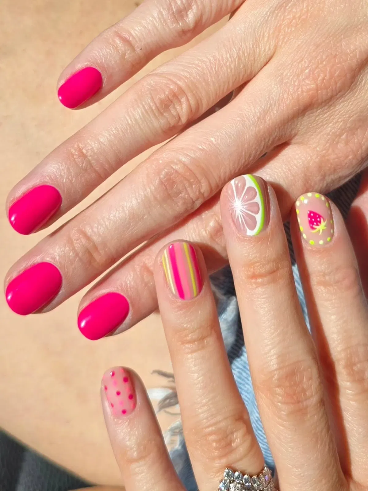 Hot pink set with fruit art and striped accent