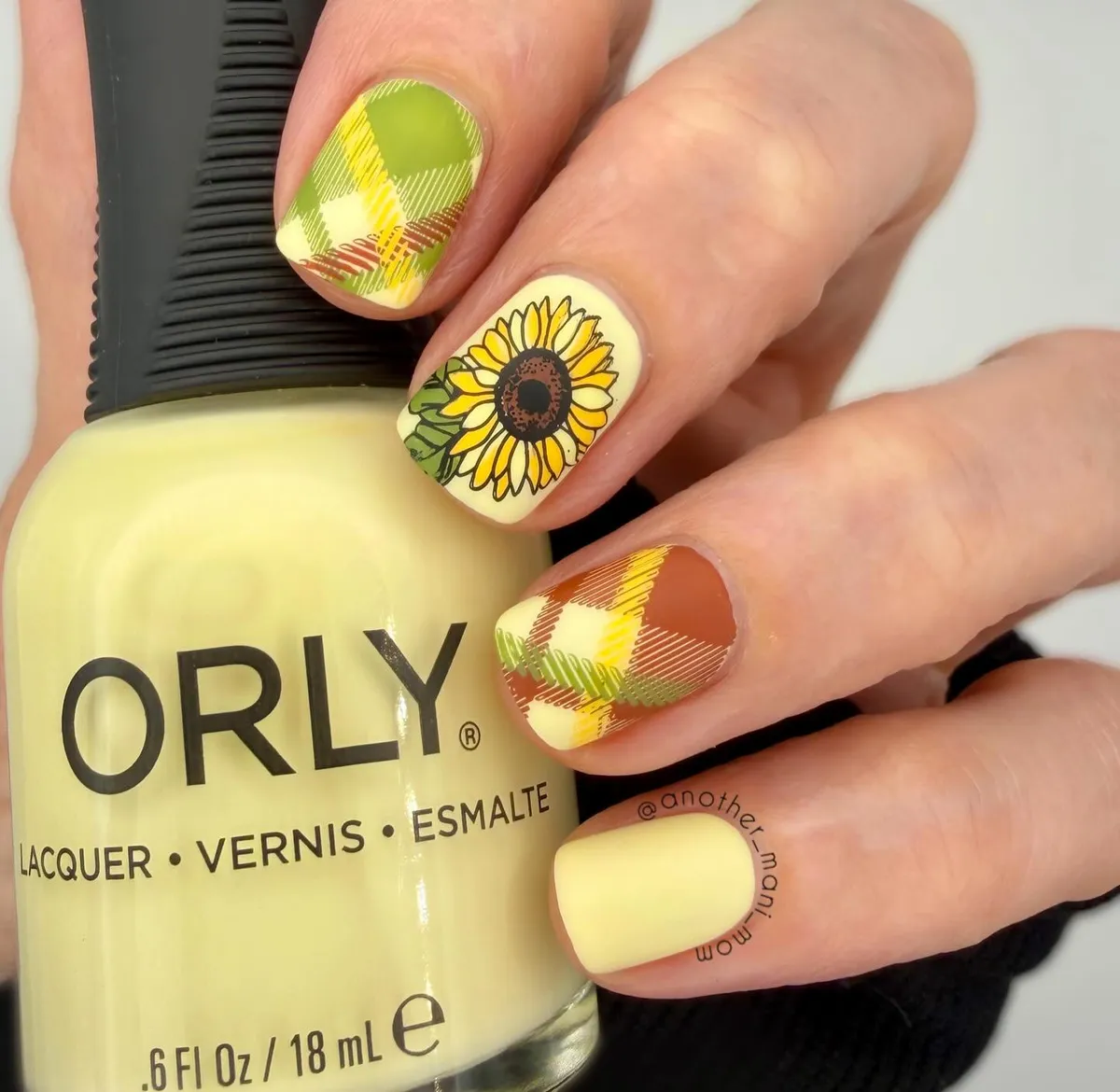 Plaid accents and a sunflower feature with visible ORLY bottle