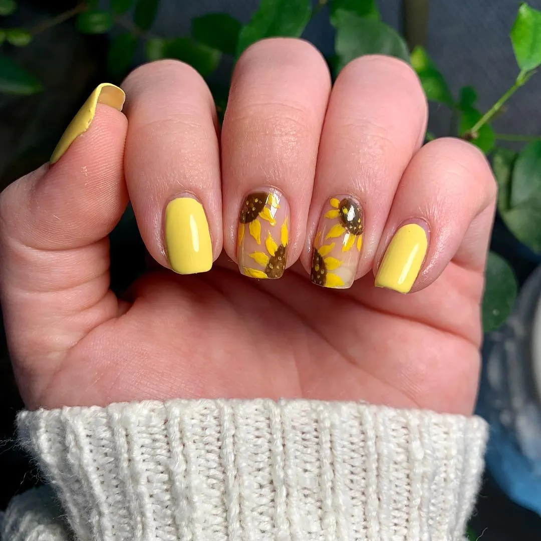 Glossy pale yellow with translucent sunflower accents