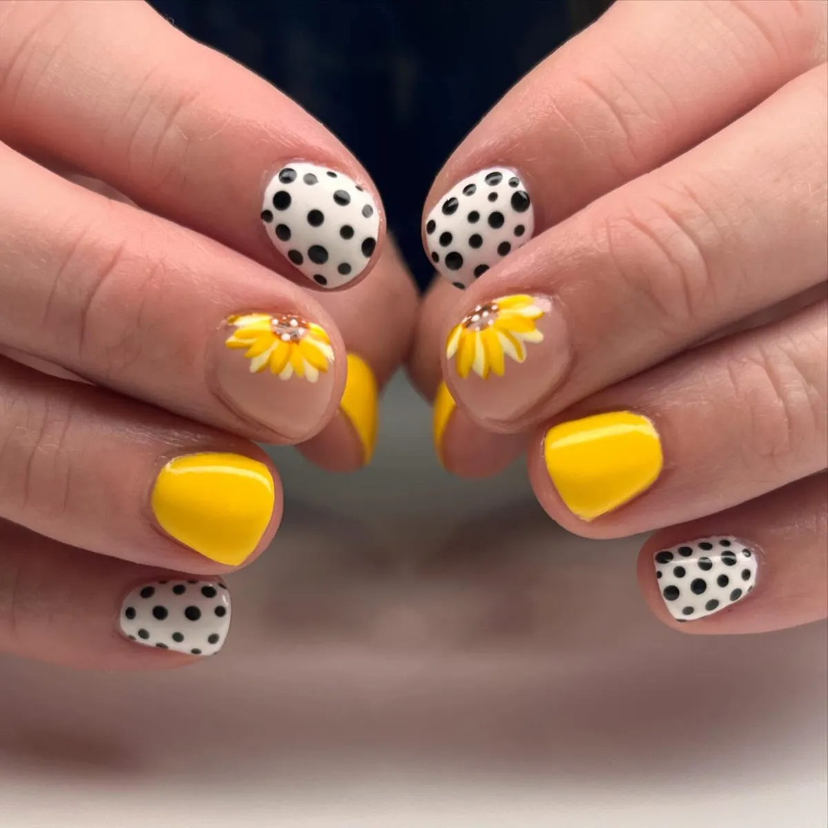 Yellow solids with black-and-white polka dots and sunflower accents