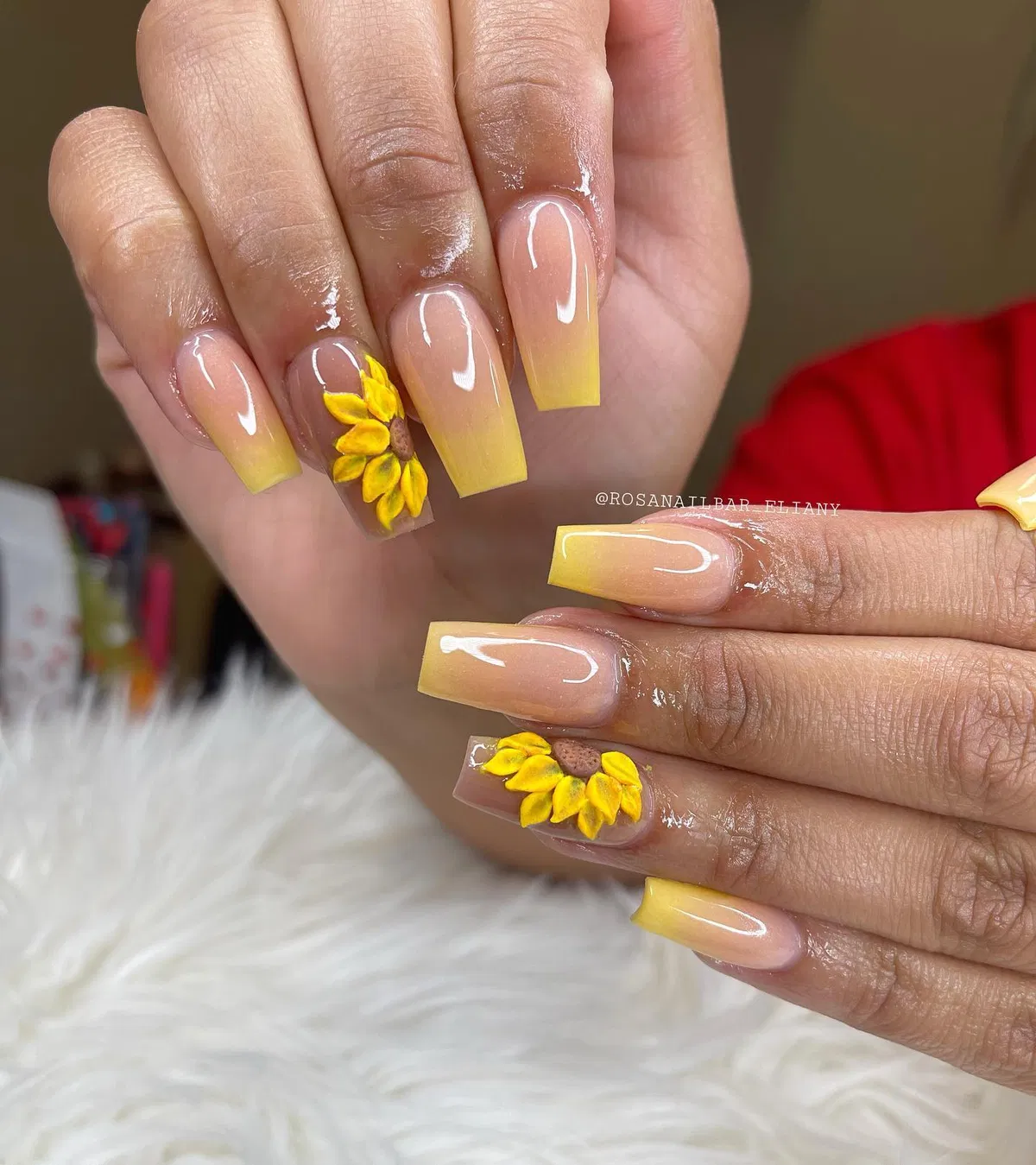 Glossy yellow ombré with 3D sunflower accents