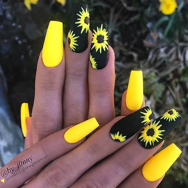 Matte yellow and matte black sunflower coffin nails