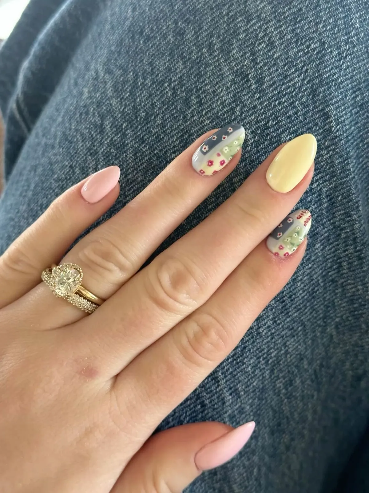 Soft solids with translucent floral-pattern accent nails