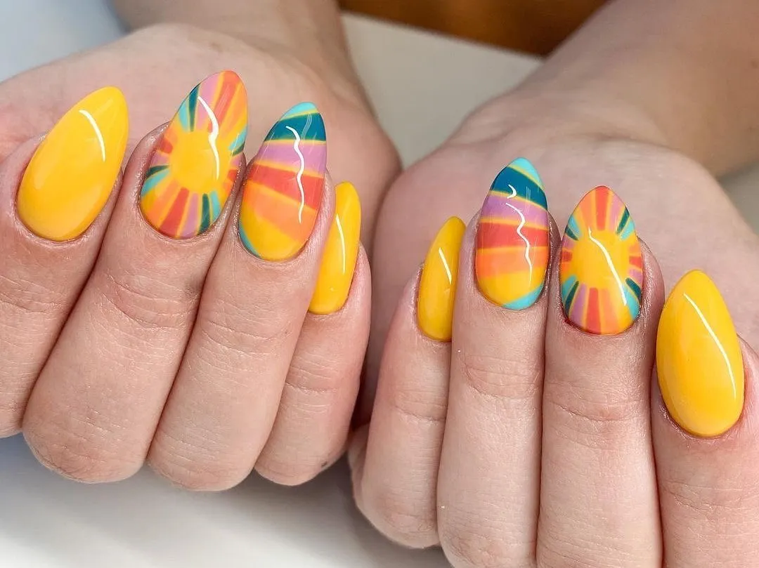 Yellow solids with multicolor sunburst accents