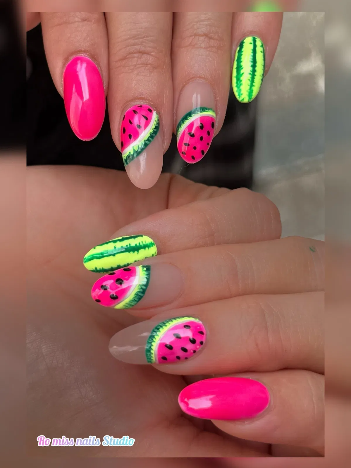Neon solids with watermelon-slice nail art