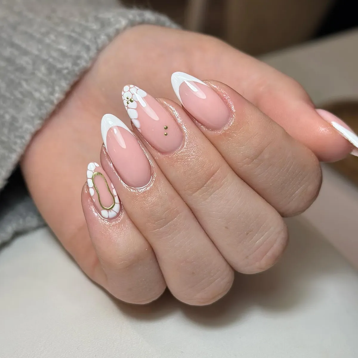 Classic White French with Bubble-Pattern Accents and Gold Details