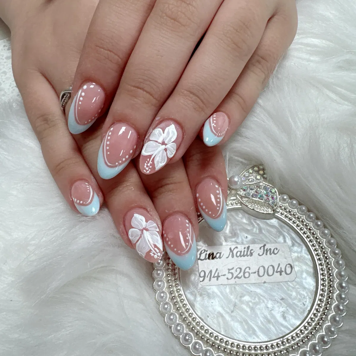 Light Blue French Tips with Dotted Borders and Raised White Flowers
